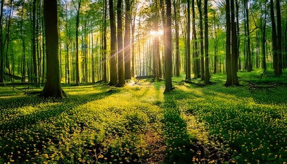 A forest with a bright sun shining through the trees