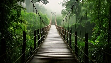A wooden bridge spans a forest with a misty sky above