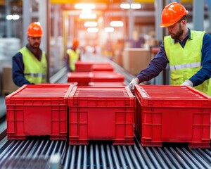 conveyor belt airport baggage movement Concept. Workers handling red crates on a conveyor belt in a warehouse environment.