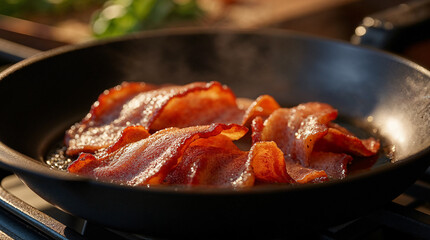 Tiras de tocino cocinándose en una sartén negra