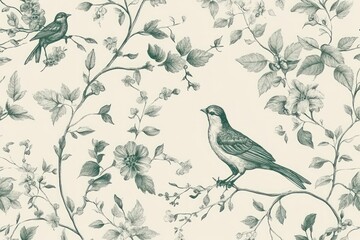 Elegant teal birds and floral seamless pattern.