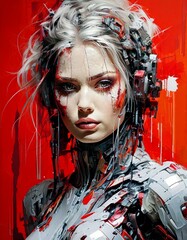 A woman with a futuristic look on her face is wearing headphones