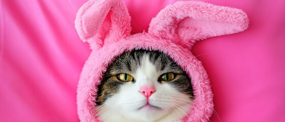 Adorable Cat Wearing Pink Bunny Costume on Pink Background