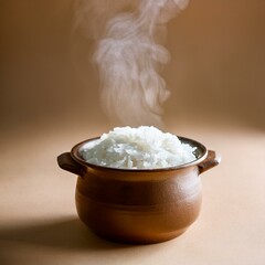 A pot of rice is steaming and the steam is rising from it