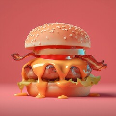A hamburger with melted cheese and bacon on top