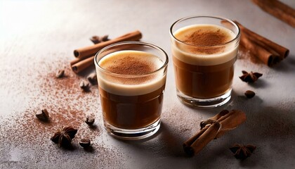 Generated imageTwo cups of homemade lattes on a wooden table with cinnamon and star anise on the background. Horizontal side view.