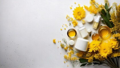 A white background with a bunch of yellow flowers and various bottles