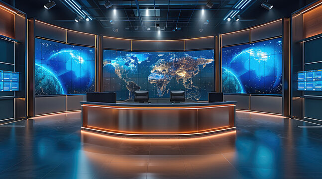 A professional and modern TV news studio designed for virtual backgrounds. features a sleek anchor desk with built-in LED lighting, surrounded by large screens displaying graphics or a world map.