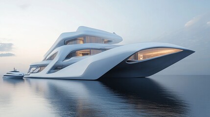 Fototapeta premium Futuristic white yacht on calm ocean at dawn.