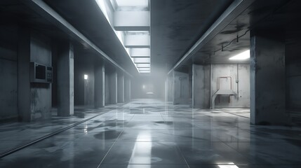 Long, dark, industrial corridor with wet floor, concrete walls, and distant light.