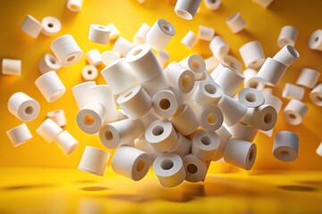 Action Shot:  White Toilet Paper Rolls Exploding on Yellow Background -  High-Resolution Product Photography