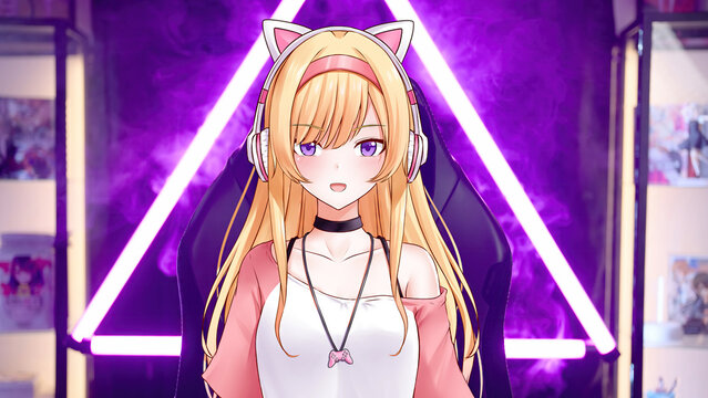 Cute 2D anime girl vtuber on gaming chair interact with viewers from pink room