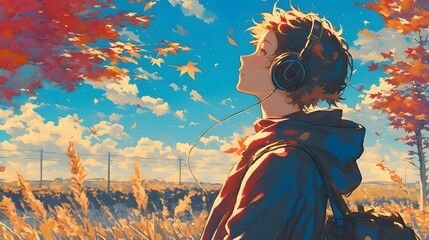 Anime boy in a scenic autumn park, headphones on, vibrant colors