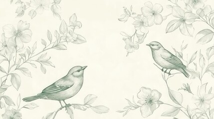 Fototapeta premium Two birds perched on branches amidst delicate flowering branches, illustrated in a soft sage green pencil sketch style against an off-white background.