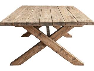 Rustic wooden dining table with sturdy cross legged design, perfect for gatherings