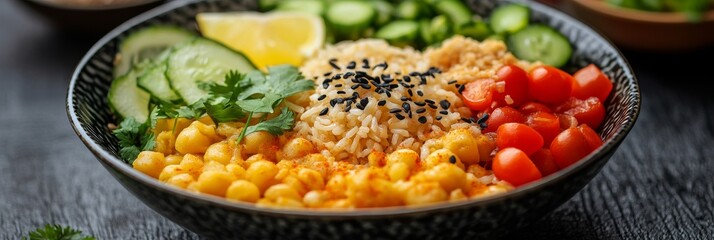 Healthy Vegan Buddha Bowl. Wholesome Dinner With Chickpeas, Vegetables And Rice. Top View, Close-up.