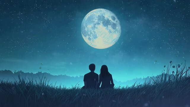A couple looks at the starlit sky and a big moon. Anime or cartoon style, looping 4k video animation background