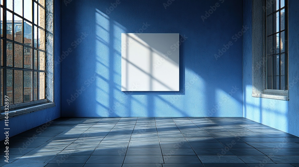 Poster a minimalist gallery space with a blank canvas.