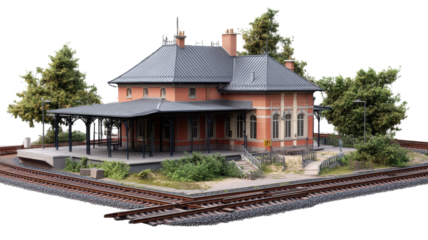 A charming vintage railway station surrounded by green trees and railway tracks in a tranquil rural setting during daytime.