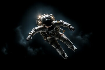 Fototapeta premium Astronaut floating in space, dark background, illuminated suit.