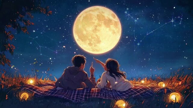 A couple looks at the starlit sky and a big moon. Anime or cartoon style, looping 4k video animation background