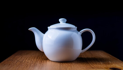 White teapot against dark background. Tasty hot drink. Tea time.
