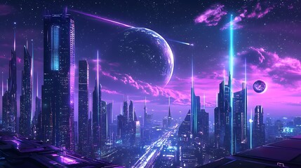 Futuristic Cityscape with Neon Lights and Space Theme