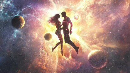 romance couple on space cosmic illustration. an ethereal display of a man and a woman. seamless looping overlay 4k virtual video animation