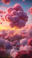 Floating islands of cotton candy in sunset light