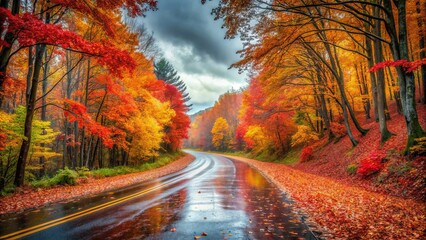 Obraz premium Autumn Forest Road Rain - Wide Angle Landscape Photography, Rainy Season Scenery, Fall Foliage Pathway