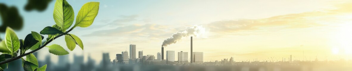Fototapeta premium Industrial Cityscape with Green Leaves and Pollution