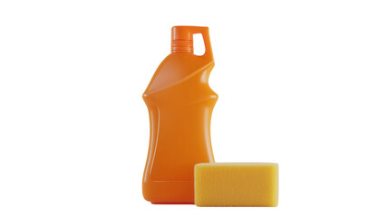 Bright orange cleaning liquid bottle with a yellow sponge on a white background ready for household cleaning tasks.