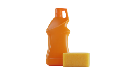 Bright orange cleaning liquid bottle with a yellow sponge on a white background ready for household cleaning tasks.