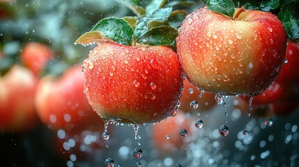 Rain-soaked red apples on a tree branch.