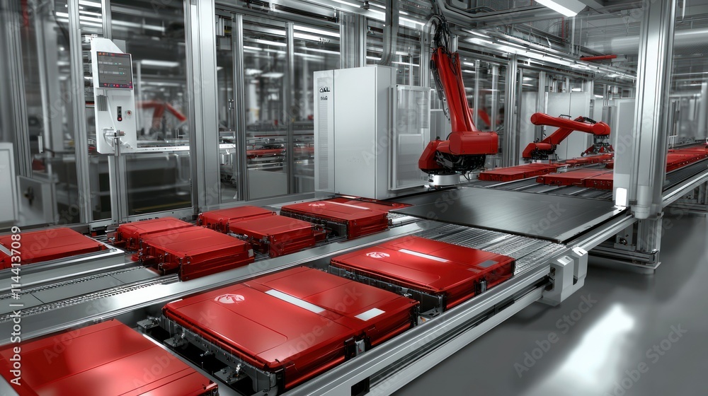Poster automated manufacturing system with robotic arms and conveyors.