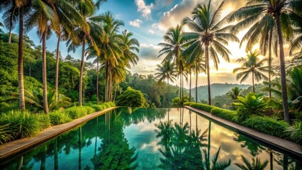 Fototapeta premium Lush jungle paradise: infinity pool shimmers beneath swaying palms, minimalist exotic escape.