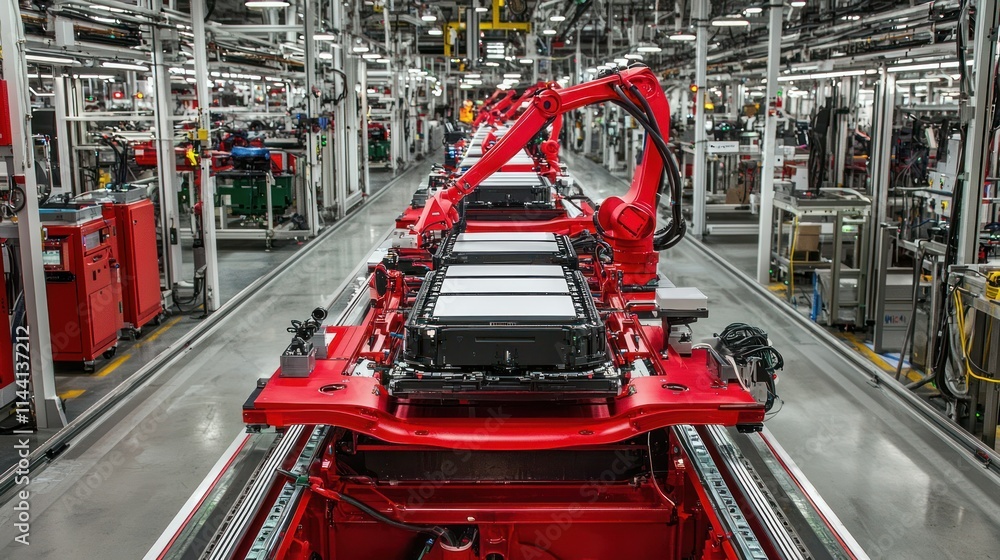 Poster assembly line with robotic arms for battery production.