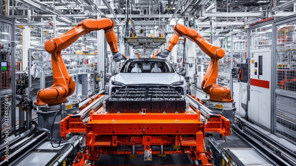 Poster robotic arms assembling a vehicle in a factory setting.