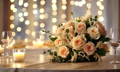 A stunning arrangement of peach roses and greenery set against warm candlelight creates a romantic ambiance for a wedding reception