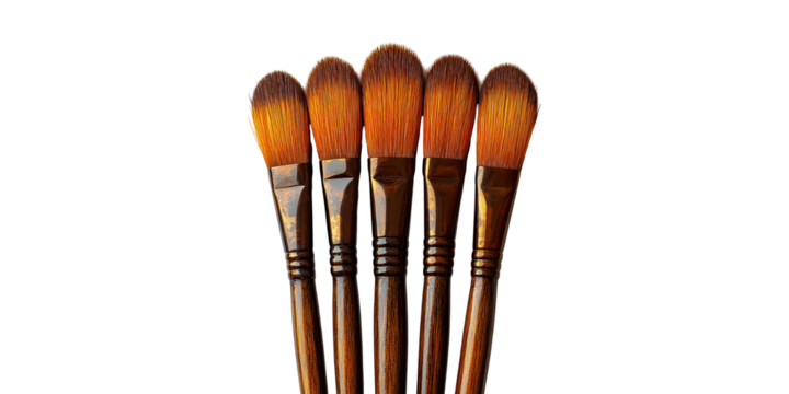 Five artist paintbrushes aligned vertically isolated on transparent background