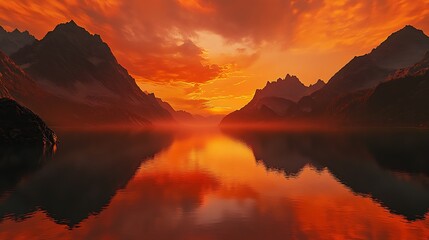 A panoramic shot of a sunset over a mountain lake, with the calm water reflecting the fiery sky and surrounding peaks. The scene captures the harmony of nature as daylight transitions to night. 