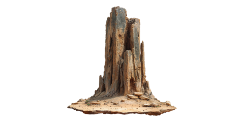 Tall rocky formation with jagged edges isolated on transparent background
