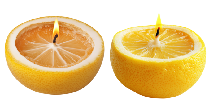 Two burning candles in a shape of a lemon, isolated photo set