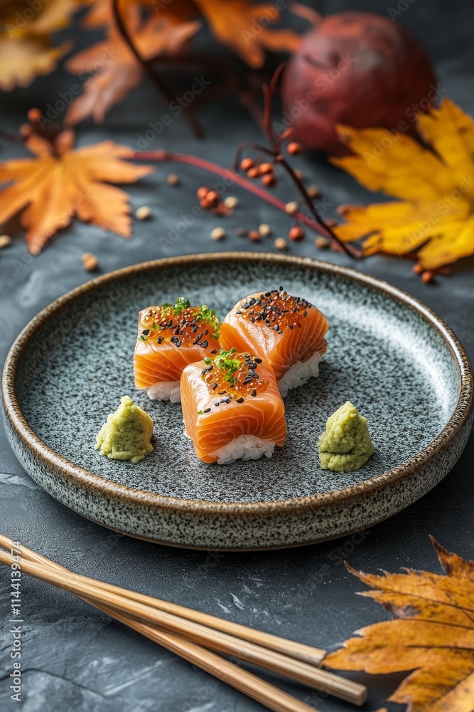 Poster exquisite sushi platter with autumnal vibes a culinary delight on a textured table setting
