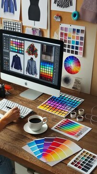 Creative workspace showcasing design process with color palettes and computer