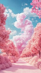 Fototapeta premium Cotton candy pathway through fields of lollipop flowers