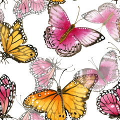 Watercolor pink butterflies seamless pattern Hand painted illustration with summer elements for textile or wallpaper with garden designs