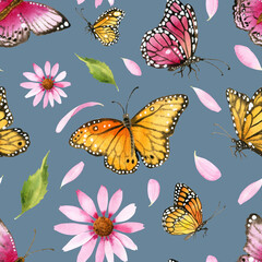 Watercolor pink echinacea flowers and butterflies seamless pattern on blue. Hand painted illustration with elegant garden pink daisies flowers to design invitations, postcards and other print