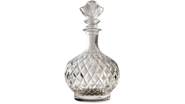 Elegant glass crystal decanter with a distinctive design suitable for serving beverages at gatherings or special occasions.