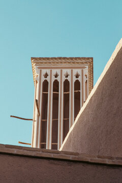 Fabulous wind-catching tower made of adobes in Yazd, Iran in perfect details. 